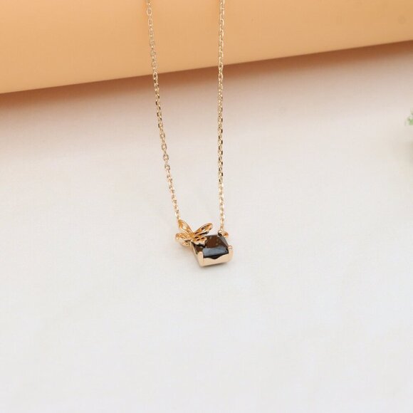 Elegant Rose Gold Necklace with Black Stone and Bow Design, XPNL0406 - Picture 8 of 12